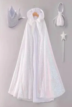 Petticoat Princess 4 Piece Cape Set (Cape, Bag, Wand & Crown) - White Sequin