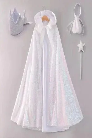 Petticoat Princess 4 Piece Cape Set (Cape, Bag, Wand & Crown) - White Sequin