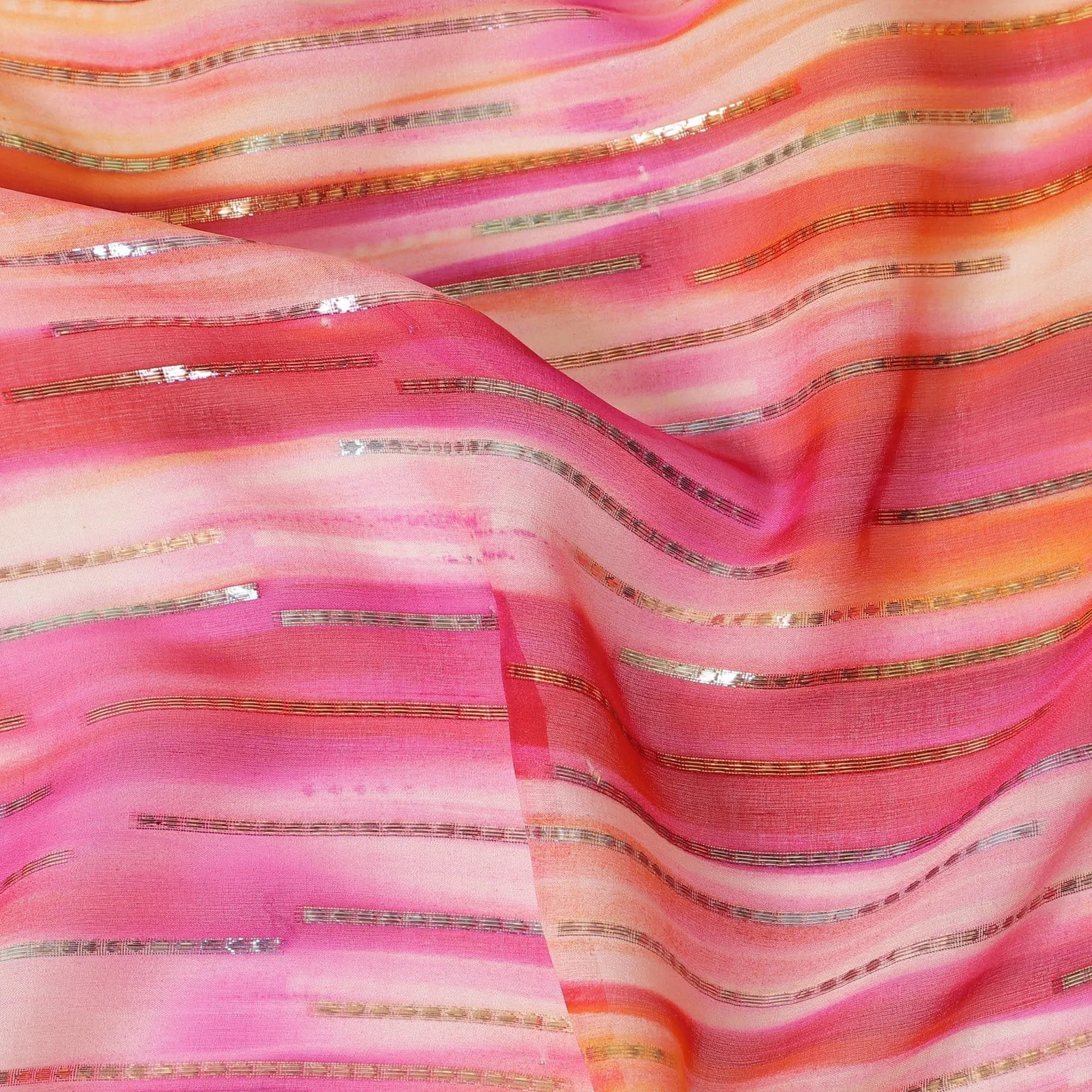 Pink premium pure silk chiffon fabric with gold and silver metallic lurex in stripe design-D13982