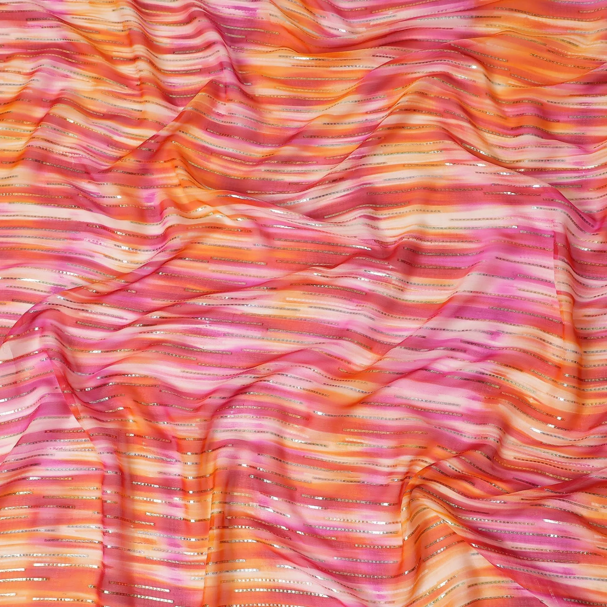 Pink premium pure silk chiffon fabric with gold and silver metallic lurex in stripe design-D13982