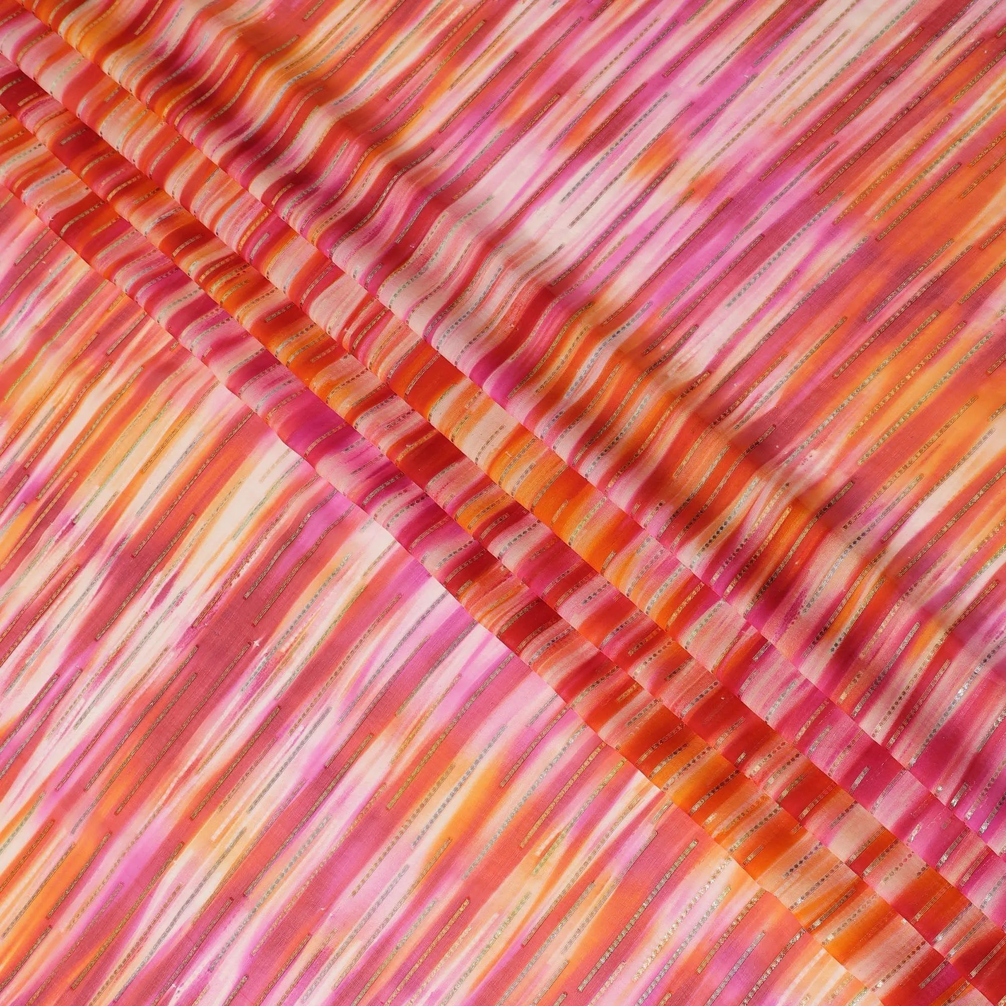 Pink premium pure silk chiffon fabric with gold and silver metallic lurex in stripe design-D13982