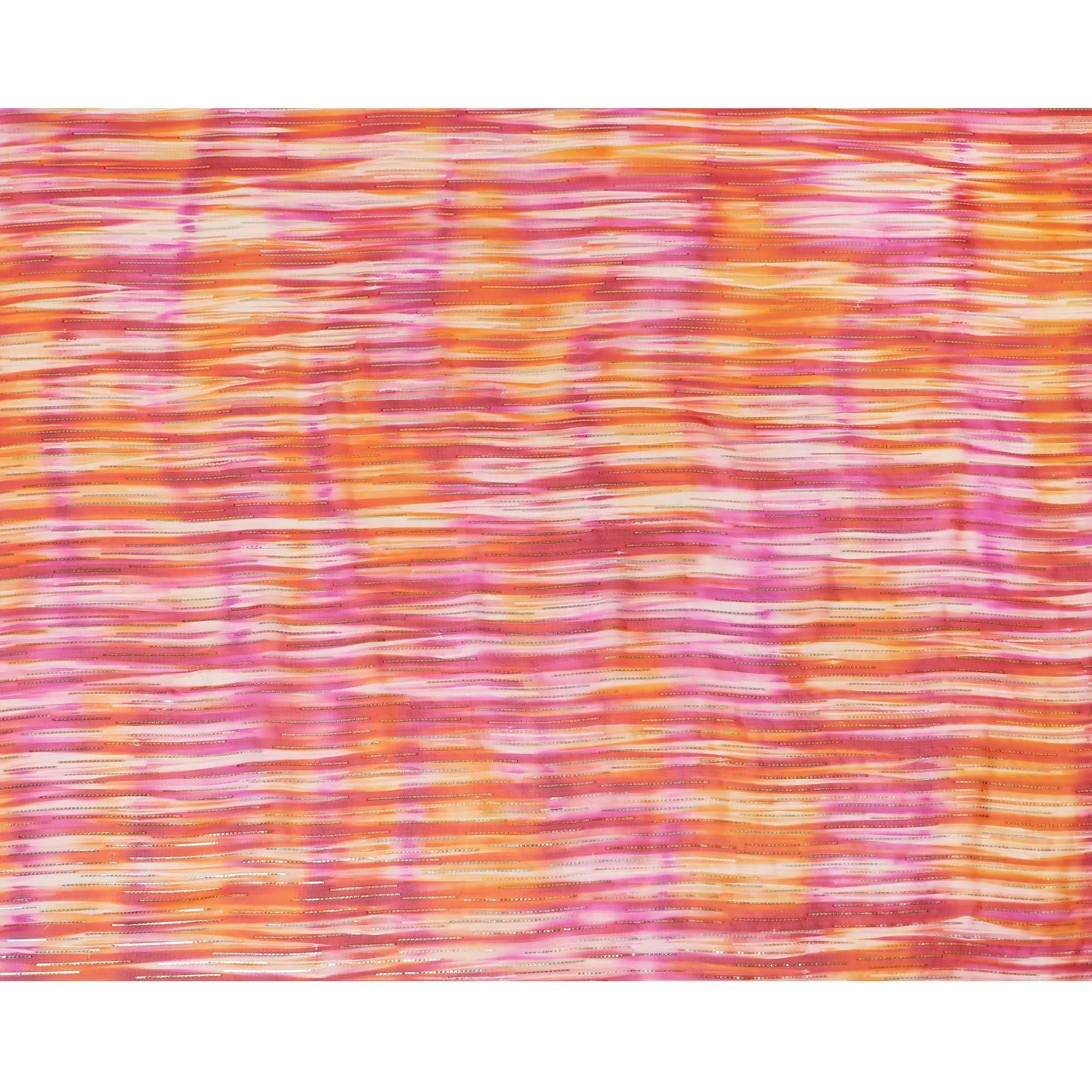 Pink premium pure silk chiffon fabric with gold and silver metallic lurex in stripe design-D13982
