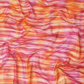 Pink premium pure silk chiffon fabric with gold and silver metallic lurex in stripe design-D13982