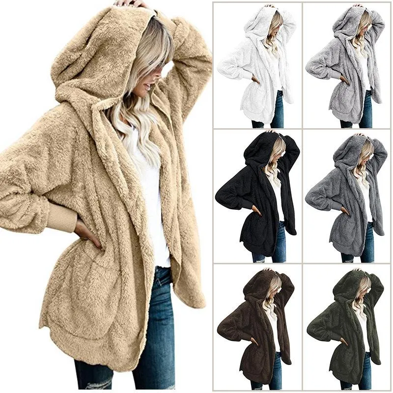 Pockets Solid Color Women Loose Hooded Oversized Teddy Coat