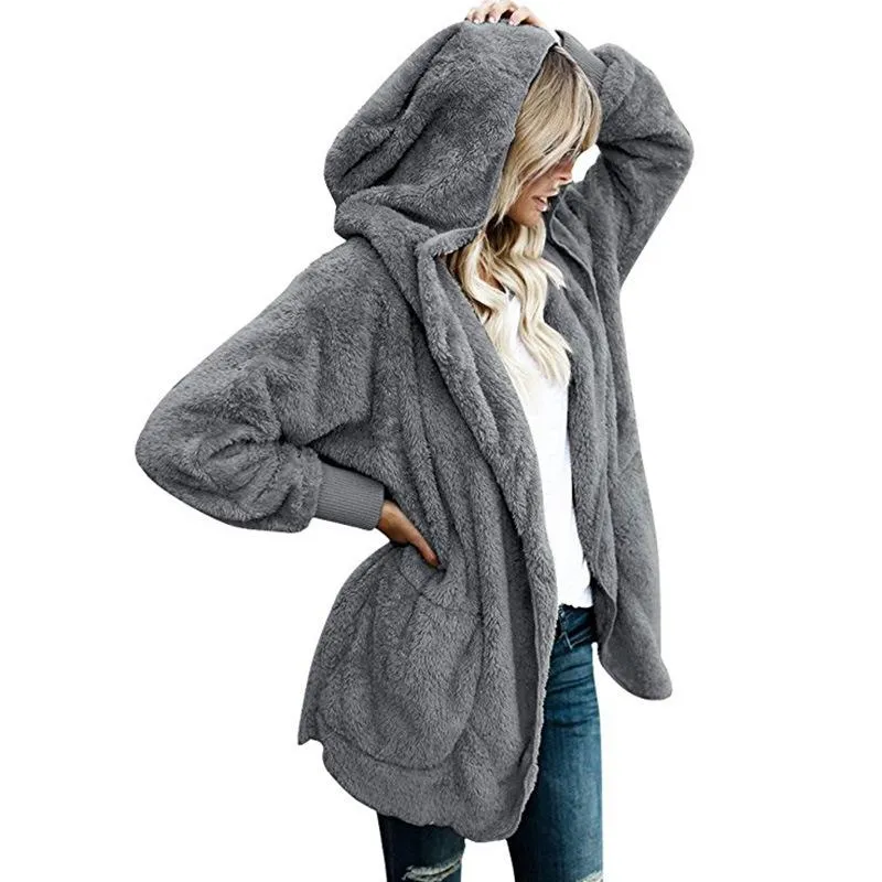 Pockets Solid Color Women Loose Hooded Oversized Teddy Coat