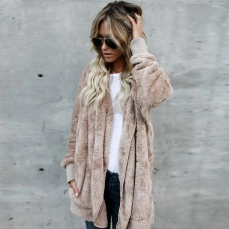 Pockets Solid Color Women Loose Hooded Oversized Teddy Coat