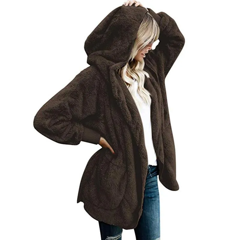 Pockets Solid Color Women Loose Hooded Oversized Teddy Coat