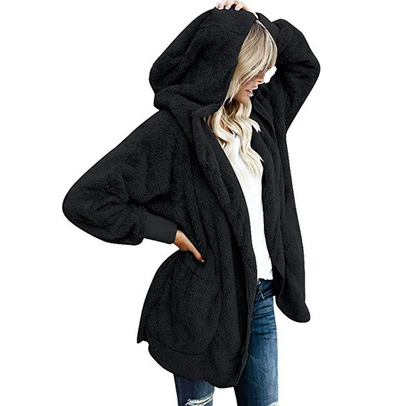 Pockets Solid Color Women Loose Hooded Oversized Teddy Coat