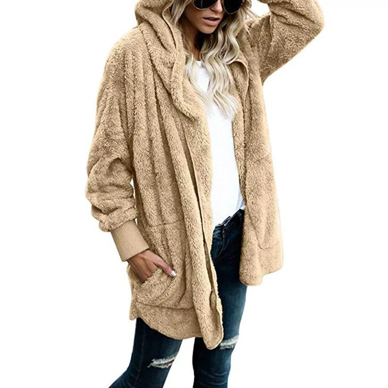 Pockets Solid Color Women Loose Hooded Oversized Teddy Coat