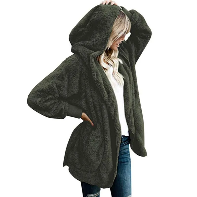 Pockets Solid Color Women Loose Hooded Oversized Teddy Coat