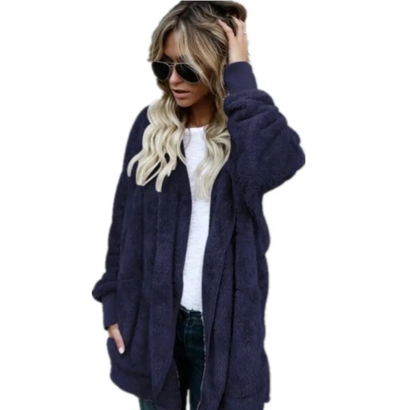 Pockets Solid Color Women Loose Hooded Oversized Teddy Coat