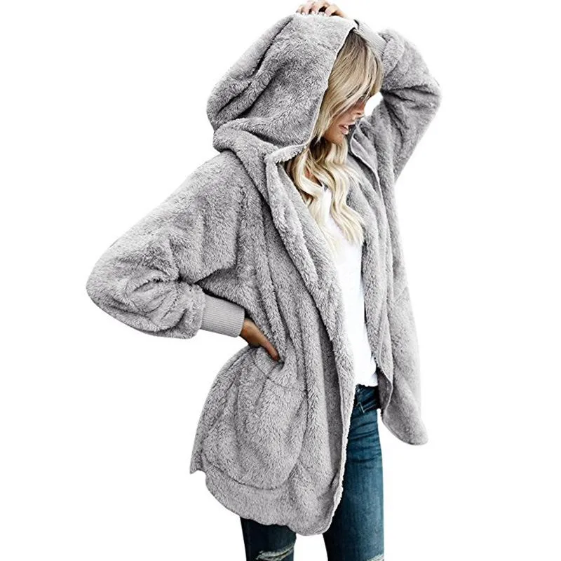 Pockets Solid Color Women Loose Hooded Oversized Teddy Coat
