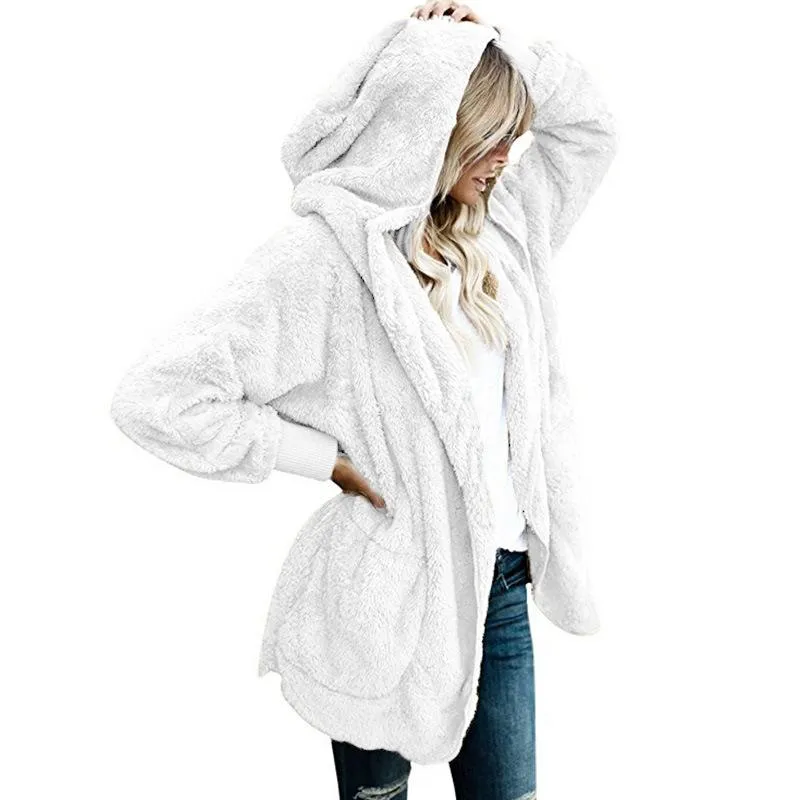 Pockets Solid Color Women Loose Hooded Oversized Teddy Coat