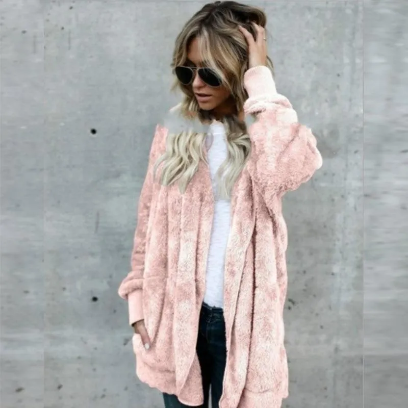 Pockets Solid Color Women Loose Hooded Oversized Teddy Coat