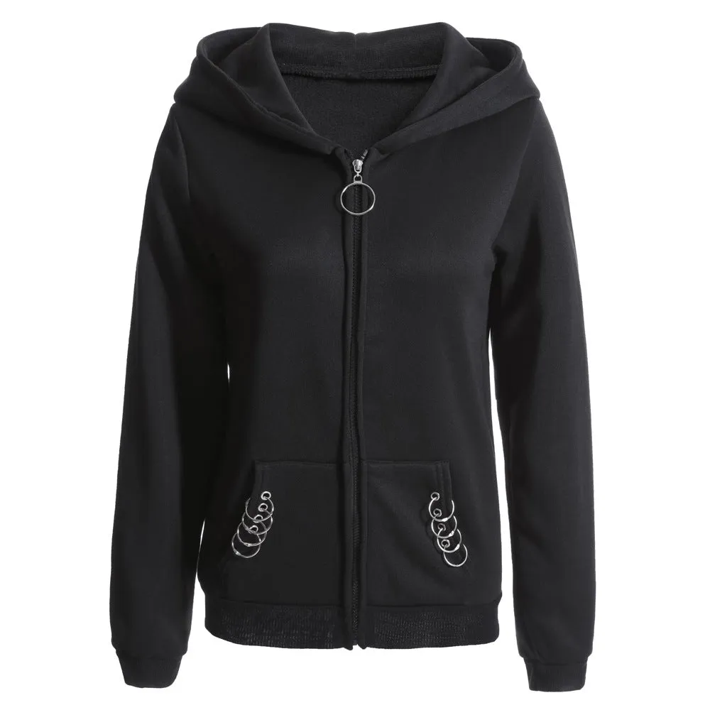 Punk gothic style oversize cardigan cape long sleeve loose hoodie iron ring sweatshirt streetwear for women plus size
