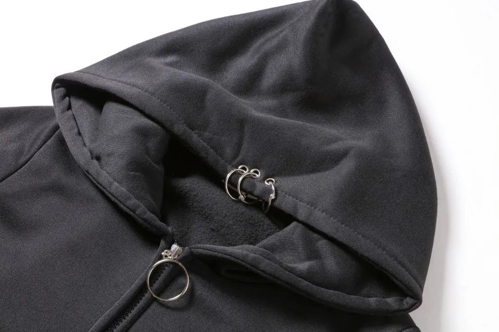 Punk gothic style oversize cardigan cape long sleeve loose hoodie iron ring sweatshirt streetwear for women plus size