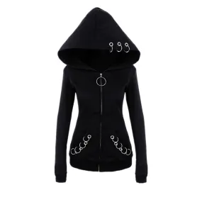Punk gothic style oversize cardigan cape long sleeve loose hoodie iron ring sweatshirt streetwear for women plus size