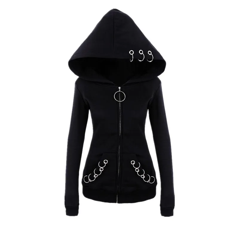 Punk gothic style oversize cardigan cape long sleeve loose hoodie iron ring sweatshirt streetwear for women plus size