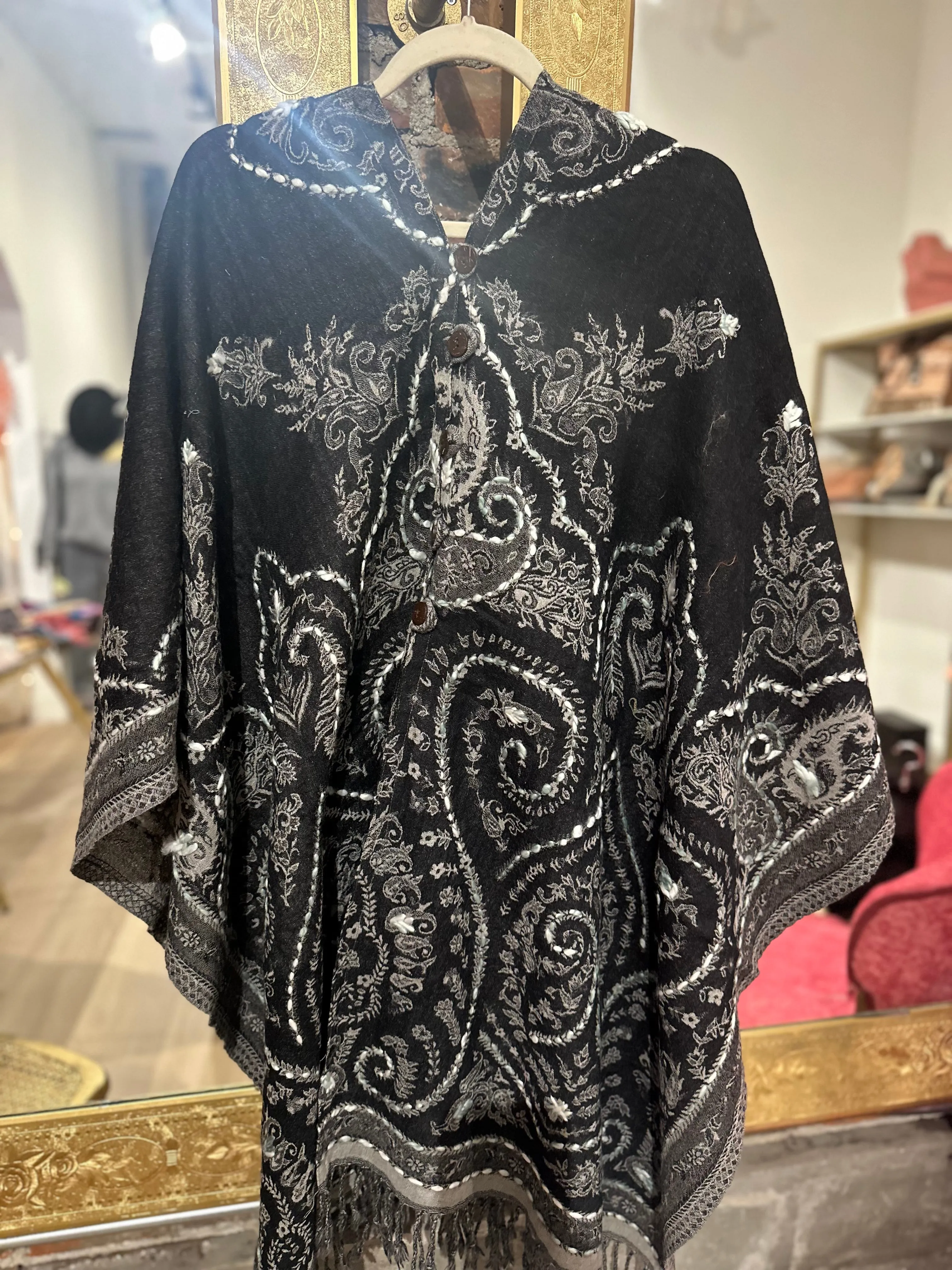 Pure wool reversible embroidered cape- bright multi