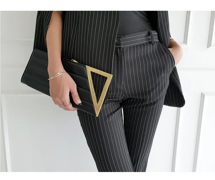 Purpdrank - Women 2023 Spring New Temperament V Neck Striped Thin Cape Blazer Jacket Suit Slim Fit Trousers Office Lady Two Piece Suit