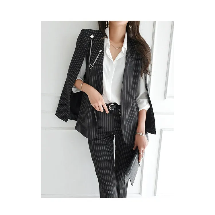 Purpdrank - Women 2023 Spring New Temperament V Neck Striped Thin Cape Blazer Jacket Suit Slim Fit Trousers Office Lady Two Piece Suit