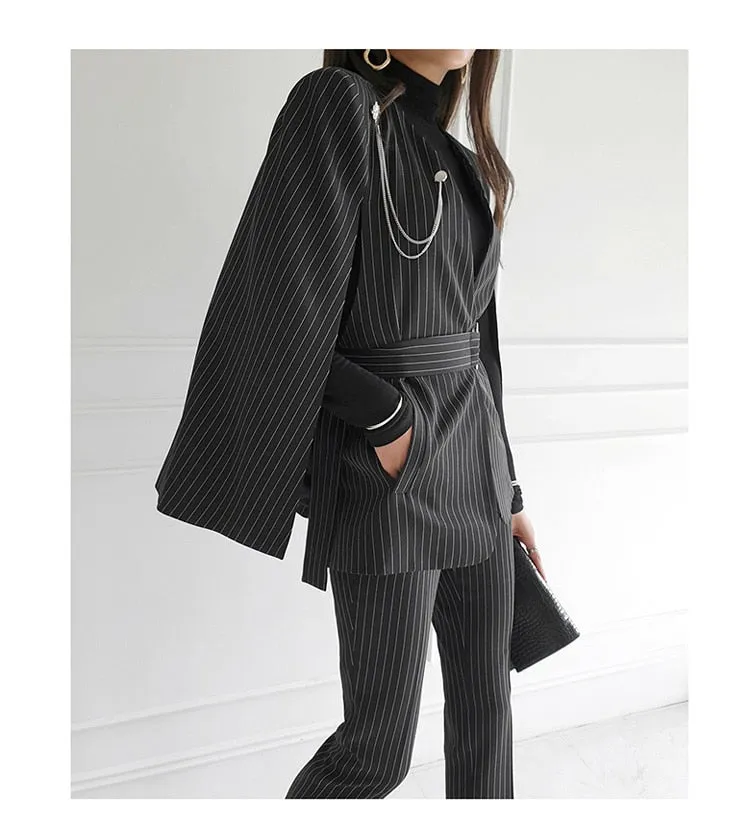 Purpdrank - Women 2023 Spring New Temperament V Neck Striped Thin Cape Blazer Jacket Suit Slim Fit Trousers Office Lady Two Piece Suit