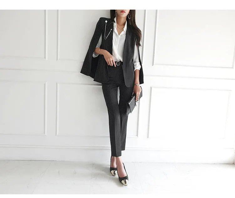 Purpdrank - Women 2023 Spring New Temperament V Neck Striped Thin Cape Blazer Jacket Suit Slim Fit Trousers Office Lady Two Piece Suit