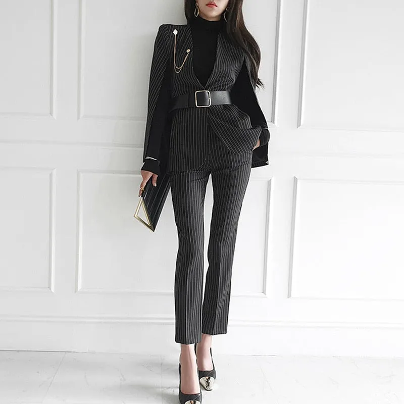 Purpdrank - Women 2023 Spring New Temperament V Neck Striped Thin Cape Blazer Jacket Suit Slim Fit Trousers Office Lady Two Piece Suit
