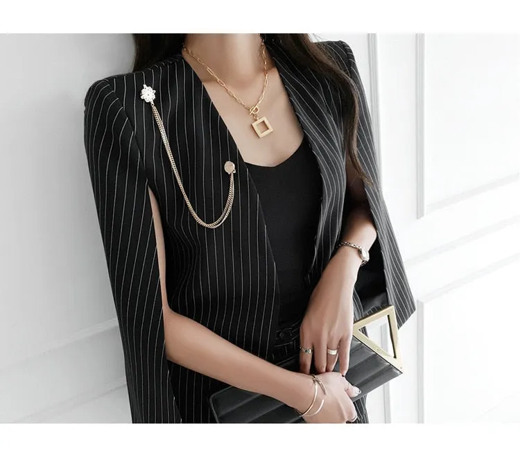 Purpdrank - Women 2023 Spring New Temperament V Neck Striped Thin Cape Blazer Jacket Suit Slim Fit Trousers Office Lady Two Piece Suit