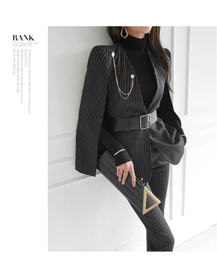 Purpdrank - Women 2023 Spring New Temperament V Neck Striped Thin Cape Blazer Jacket Suit Slim Fit Trousers Office Lady Two Piece Suit
