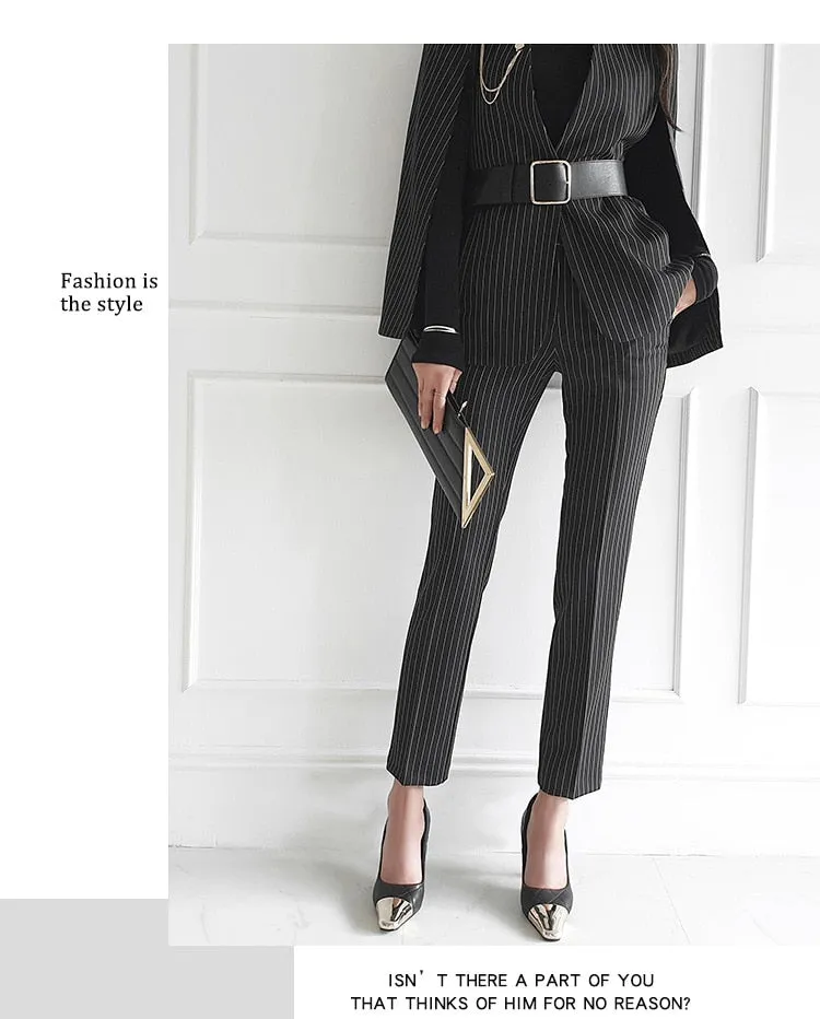 Purpdrank - Women 2023 Spring New Temperament V Neck Striped Thin Cape Blazer Jacket Suit Slim Fit Trousers Office Lady Two Piece Suit