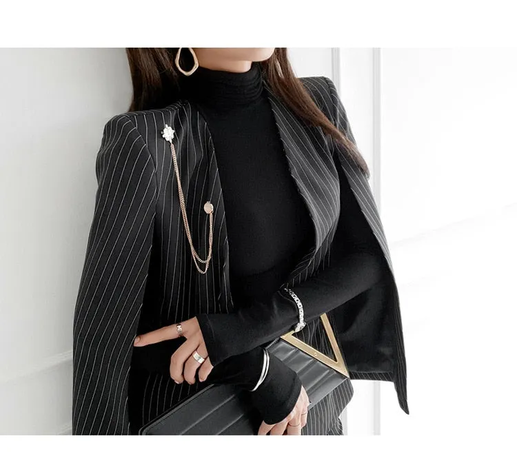 Purpdrank - Women 2023 Spring New Temperament V Neck Striped Thin Cape Blazer Jacket Suit Slim Fit Trousers Office Lady Two Piece Suit