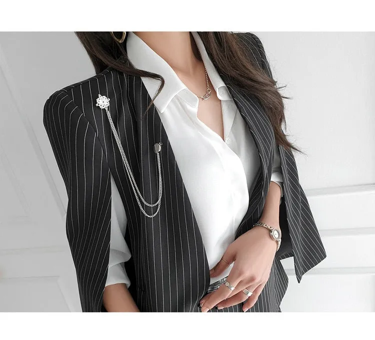 Purpdrank - Women 2023 Spring New Temperament V Neck Striped Thin Cape Blazer Jacket Suit Slim Fit Trousers Office Lady Two Piece Suit