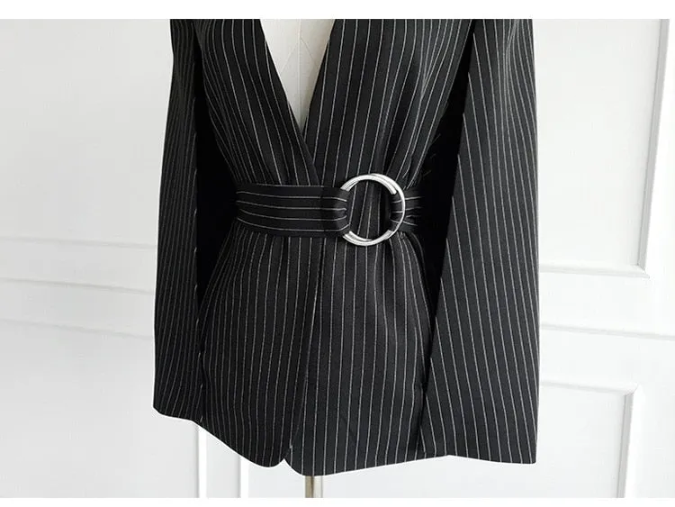 Purpdrank - Women 2023 Spring New Temperament V Neck Striped Thin Cape Blazer Jacket Suit Slim Fit Trousers Office Lady Two Piece Suit