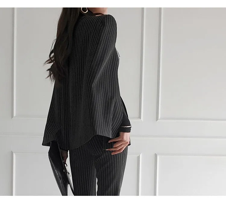Purpdrank - Women 2023 Spring New Temperament V Neck Striped Thin Cape Blazer Jacket Suit Slim Fit Trousers Office Lady Two Piece Suit