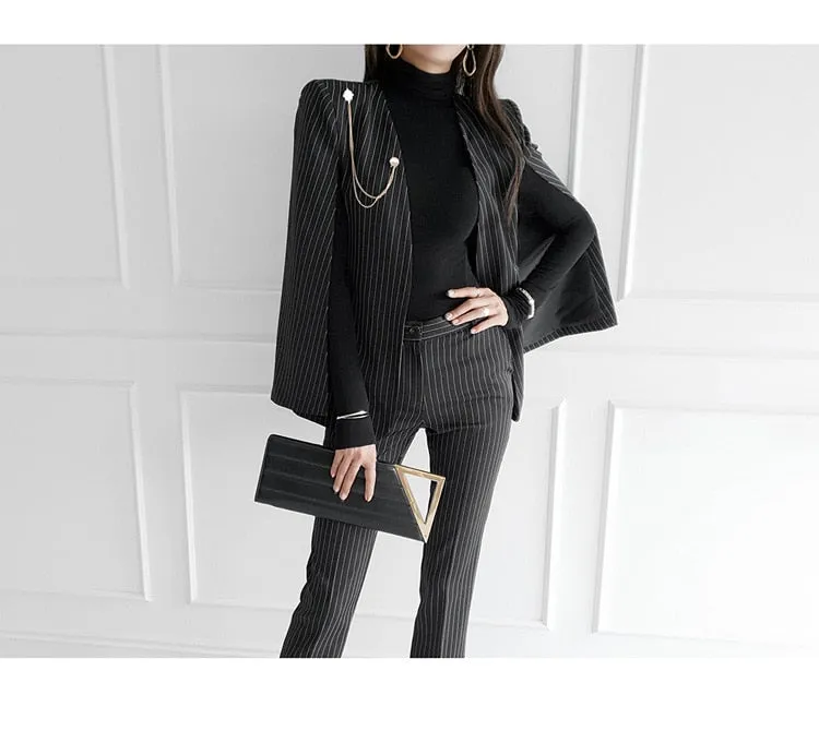 Purpdrank - Women 2023 Spring New Temperament V Neck Striped Thin Cape Blazer Jacket Suit Slim Fit Trousers Office Lady Two Piece Suit