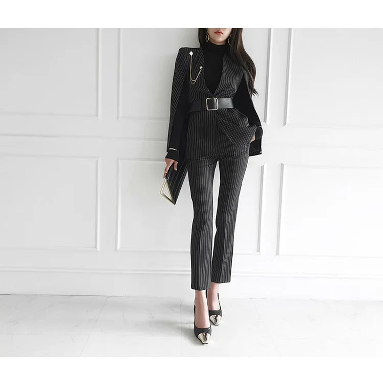 Purpdrank - Women 2023 Spring New Temperament V Neck Striped Thin Cape Blazer Jacket Suit Slim Fit Trousers Office Lady Two Piece Suit