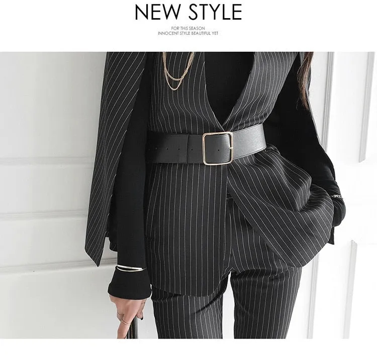 Purpdrank - Women 2023 Spring New Temperament V Neck Striped Thin Cape Blazer Jacket Suit Slim Fit Trousers Office Lady Two Piece Suit