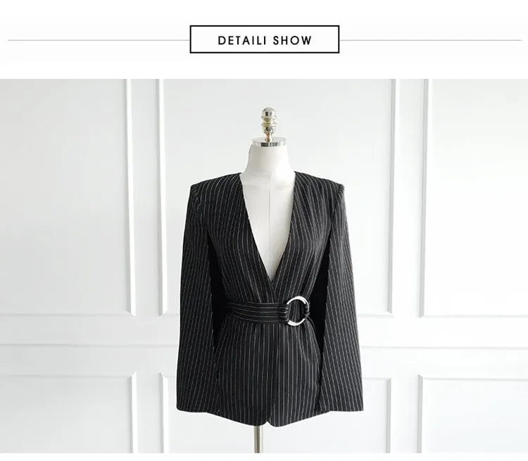 Purpdrank - Women 2023 Spring New Temperament V Neck Striped Thin Cape Blazer Jacket Suit Slim Fit Trousers Office Lady Two Piece Suit