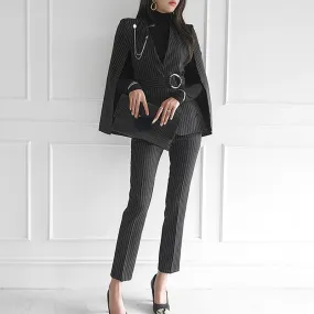 Purpdrank - Women 2023 Spring New Temperament V Neck Striped Thin Cape Blazer Jacket Suit Slim Fit Trousers Office Lady Two Piece Suit