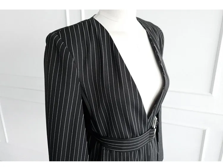 Purpdrank - Women 2023 Spring New Temperament V Neck Striped Thin Cape Blazer Jacket Suit Slim Fit Trousers Office Lady Two Piece Suit