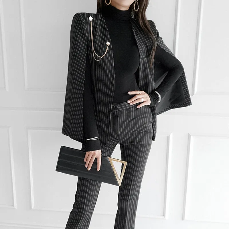 Purpdrank - Women 2023 Spring New Temperament V Neck Striped Thin Cape Blazer Jacket Suit Slim Fit Trousers Office Lady Two Piece Suit
