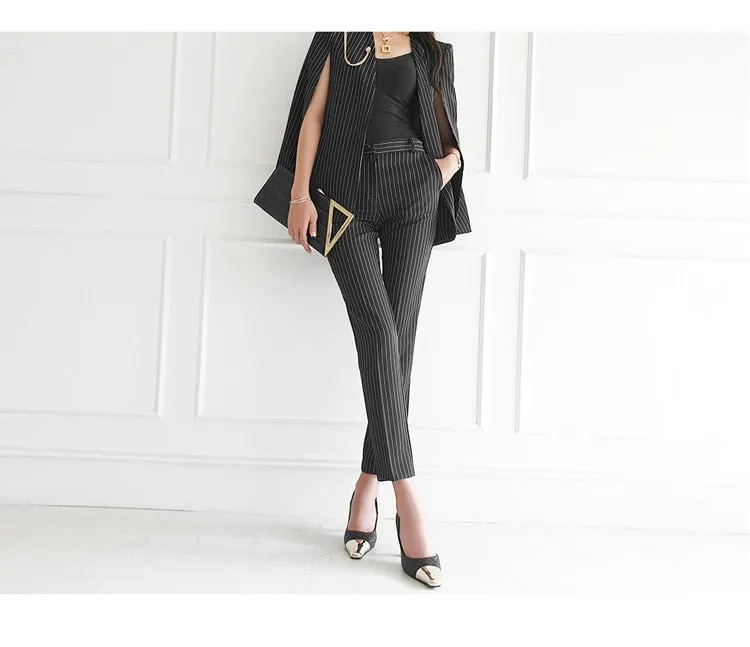 Purpdrank - Women 2023 Spring New Temperament V Neck Striped Thin Cape Blazer Jacket Suit Slim Fit Trousers Office Lady Two Piece Suit
