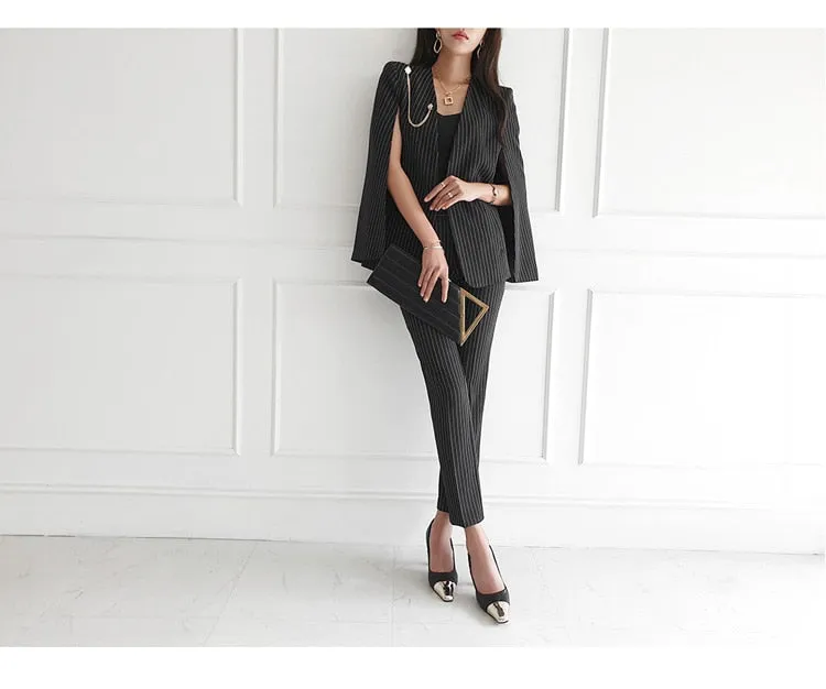 Purpdrank - Women 2023 Spring New Temperament V Neck Striped Thin Cape Blazer Jacket Suit Slim Fit Trousers Office Lady Two Piece Suit