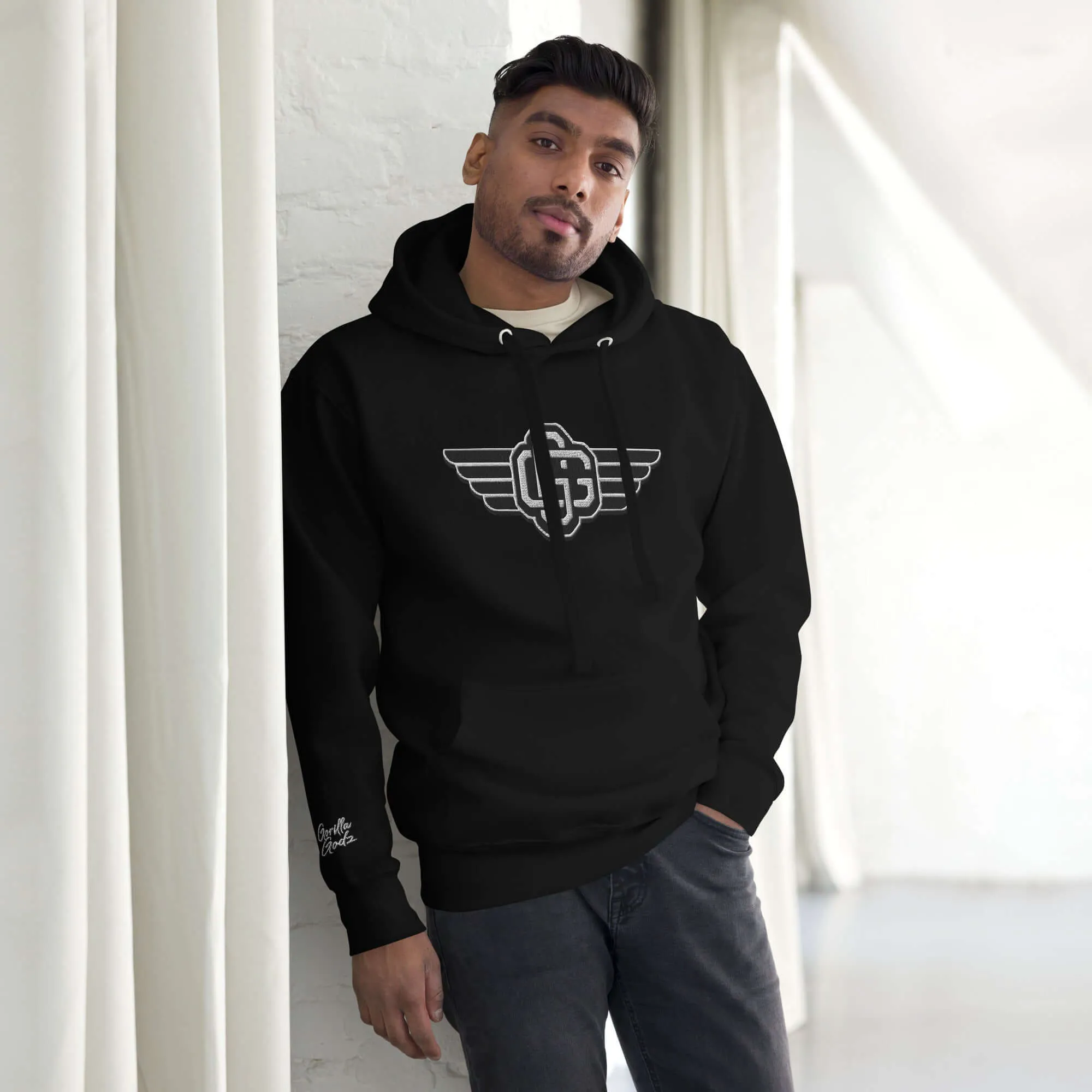 "B/W Wingz" Gorilla Godz Embroidered Unisex Hoodie (Color options available)
