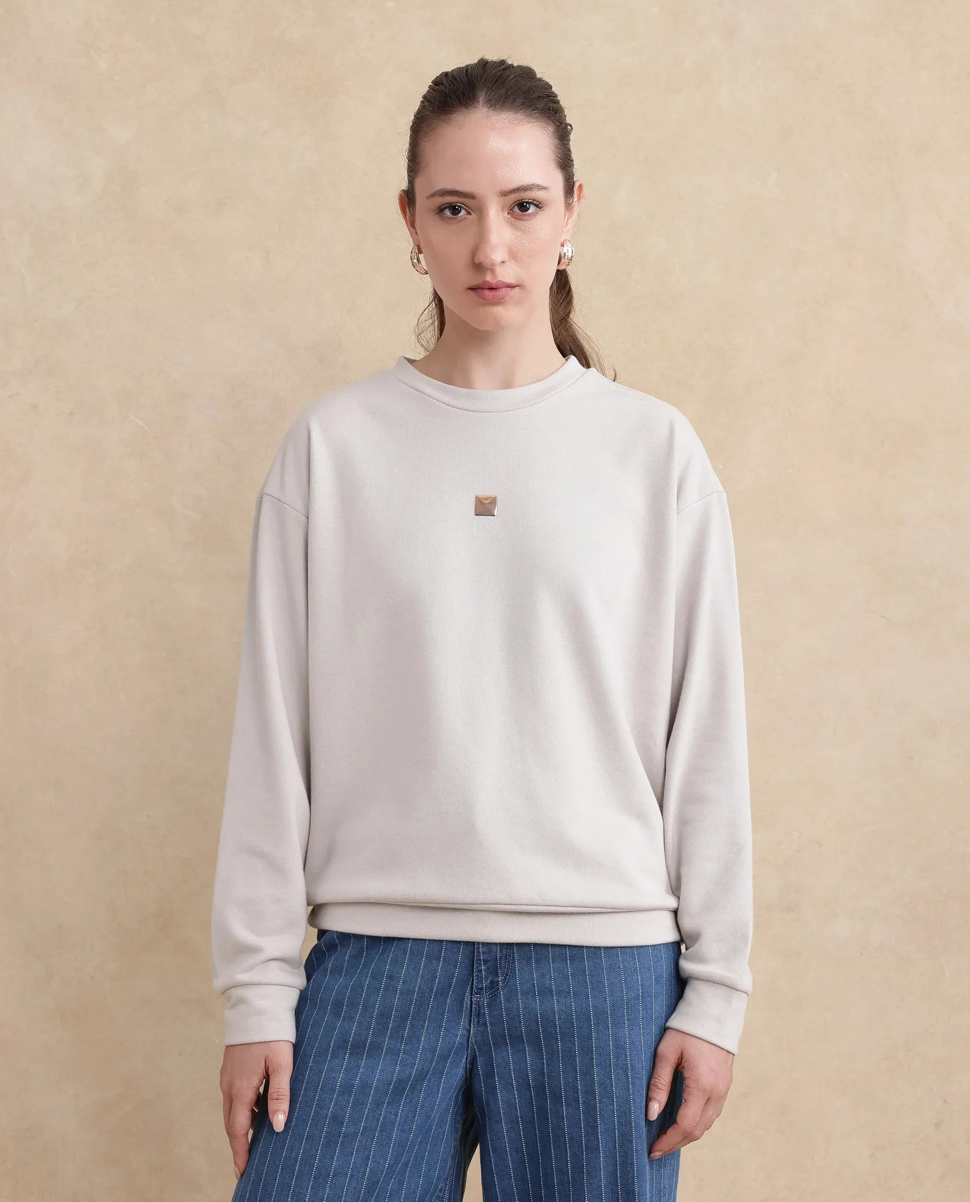 Rareism Womens Aimee Light Grey Sweatshirt Cotton Full Sleeve Crew Neck Solid