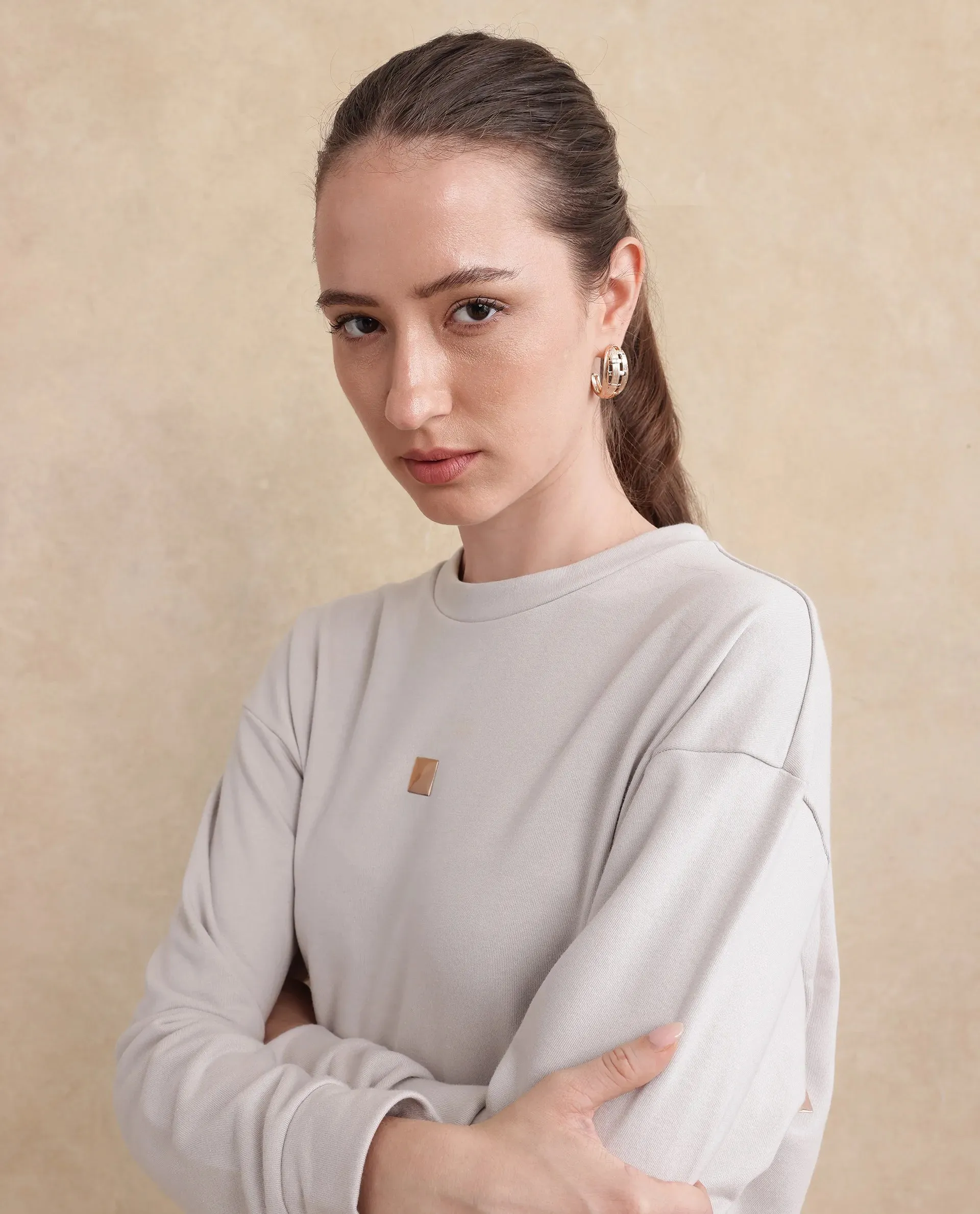Rareism Womens Aimee Light Grey Sweatshirt Cotton Full Sleeve Crew Neck Solid
