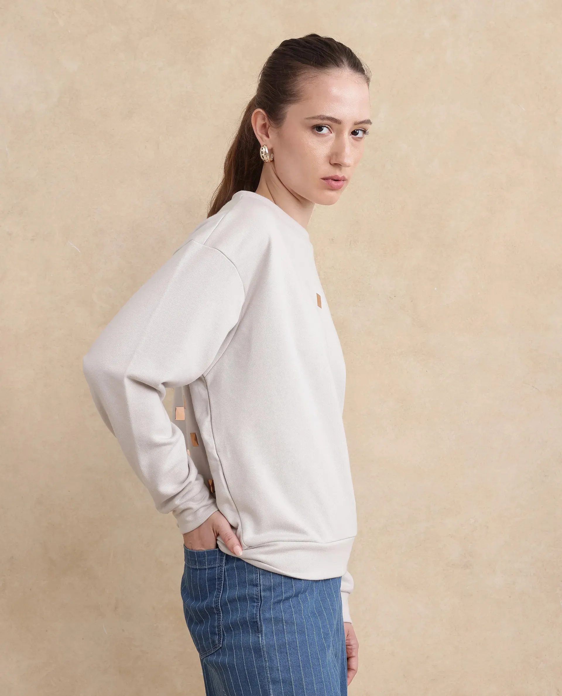 Rareism Womens Aimee Light Grey Sweatshirt Cotton Full Sleeve Crew Neck Solid