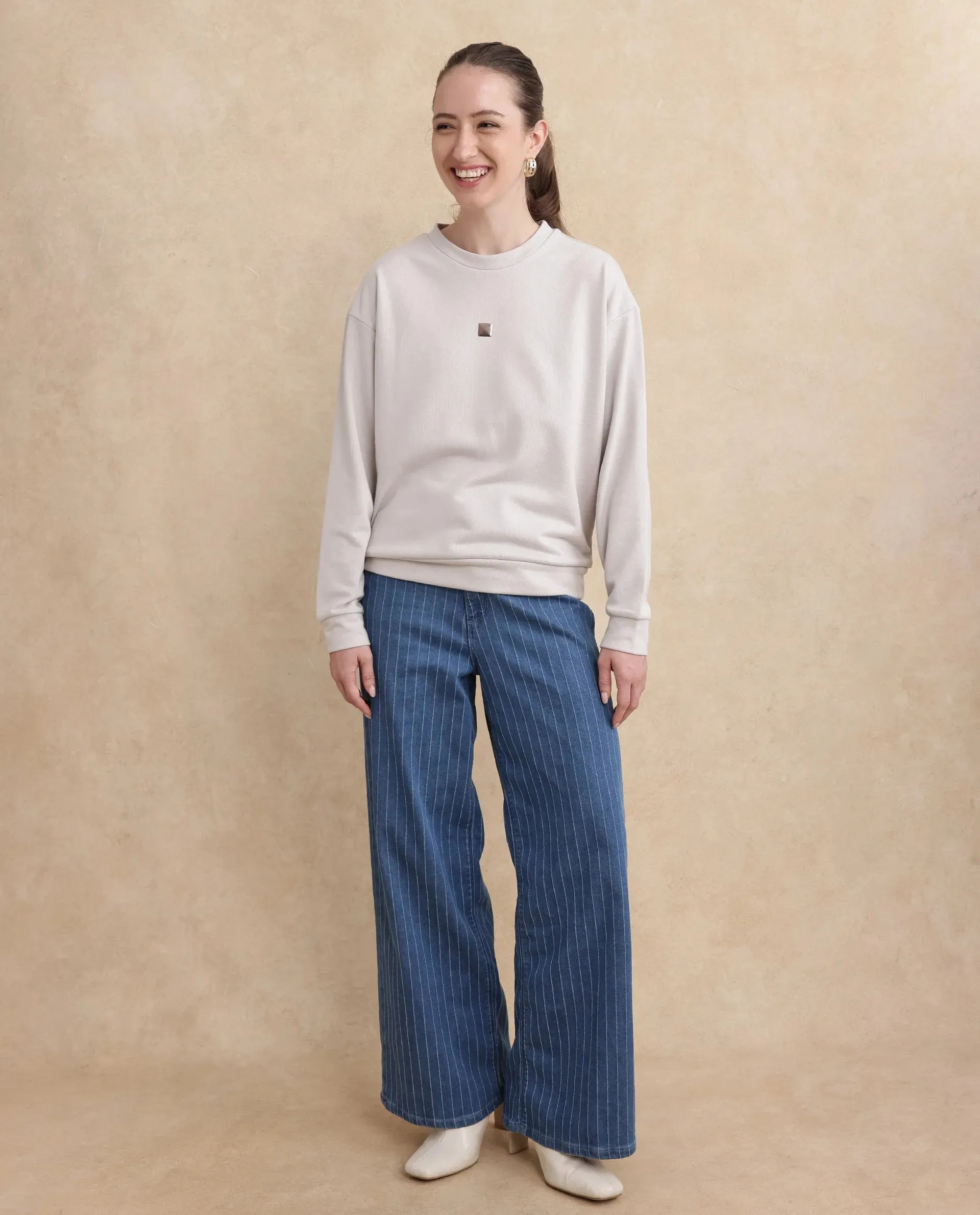 Rareism Womens Aimee Light Grey Sweatshirt Cotton Full Sleeve Crew Neck Solid