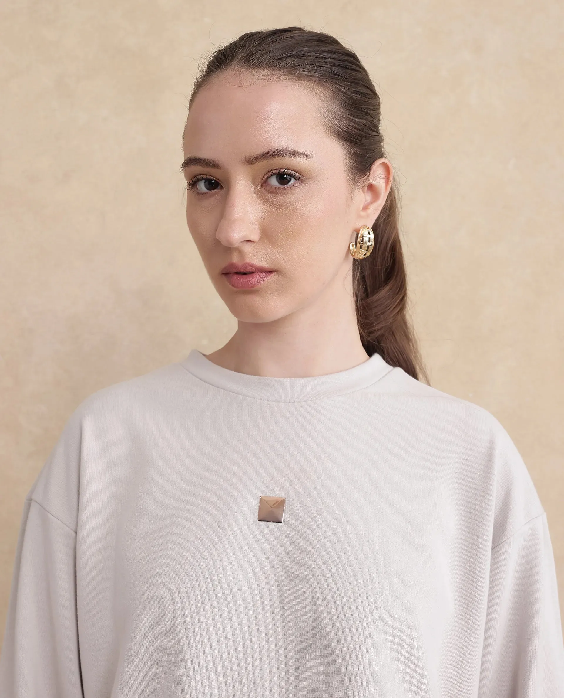 Rareism Womens Aimee Light Grey Sweatshirt Cotton Full Sleeve Crew Neck Solid